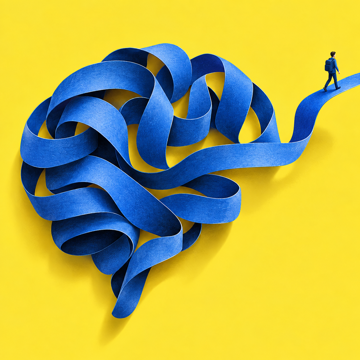 A blue ribbon forms an open, winding mind against a yellow background.